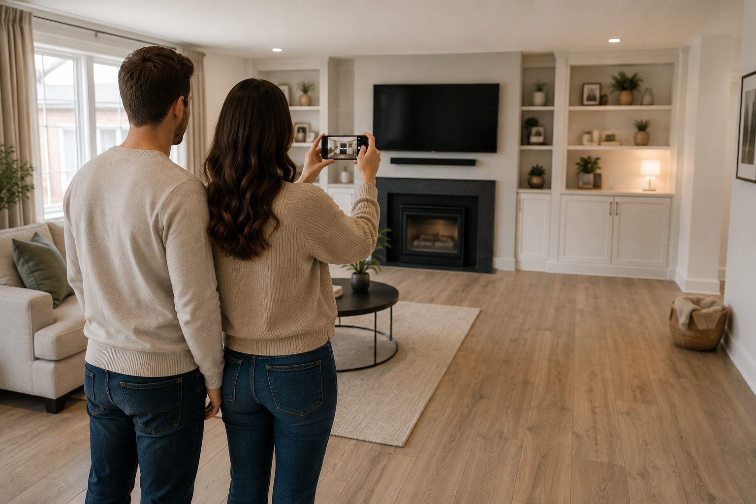 Couple taking a photo of their living room with a phone to visualise new flooring